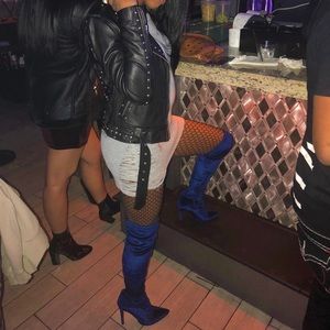Over the Knee Blue Velvet Boots.